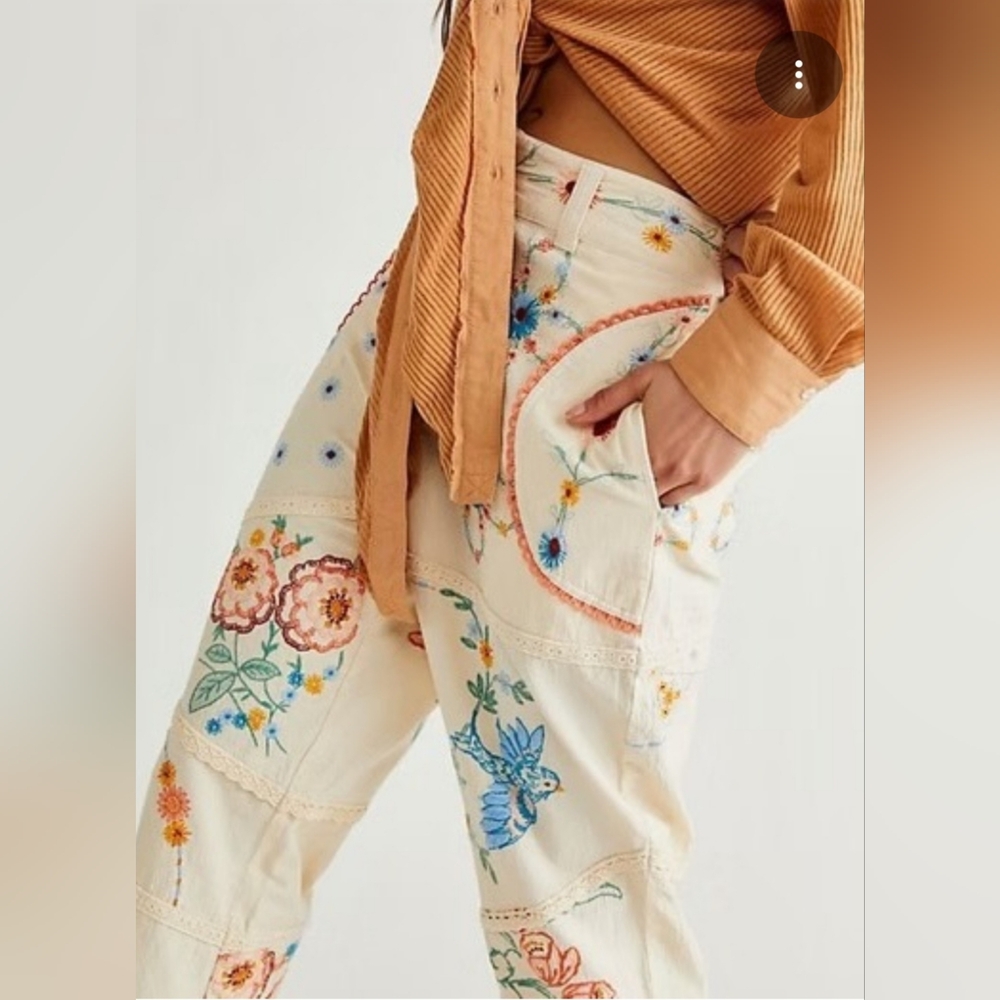 Rare FREE PEOPLE LOVE LETTERS Fully Embroidered Lace Trimmed Pants 14